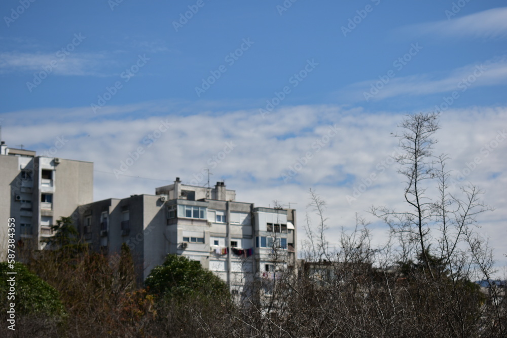 brutalist styled buildings on a sunny day in city of Podgorica