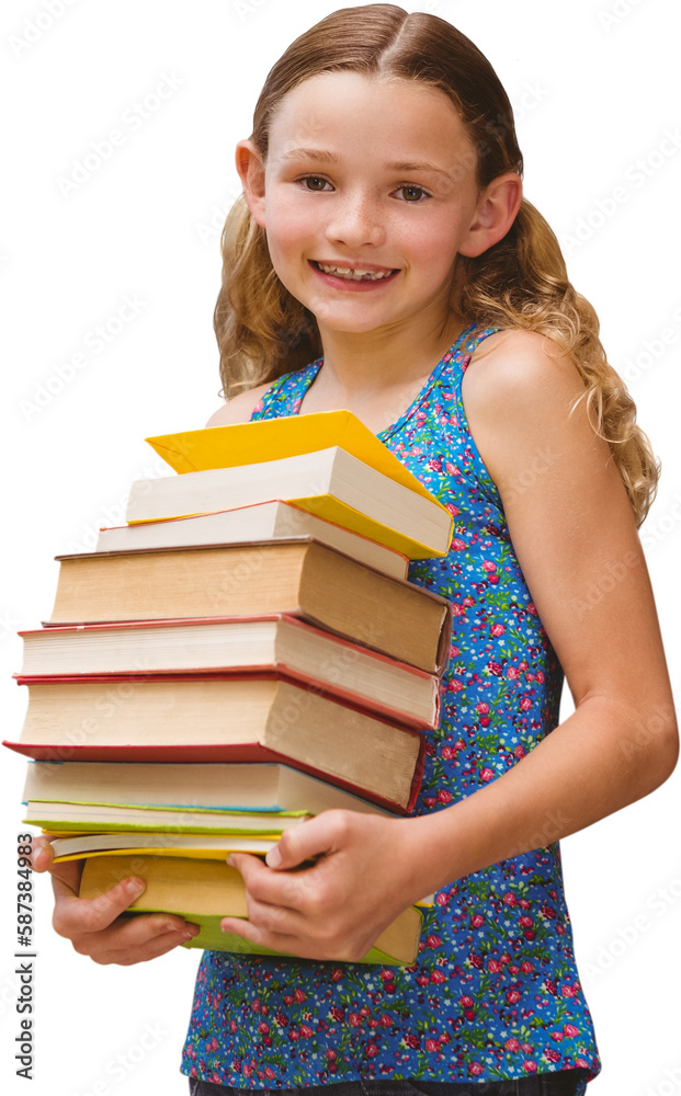 Cute little girl carrying books in library Cute little girl carrying books in library