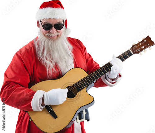 Smiling Santa Claus playing guitar while standing