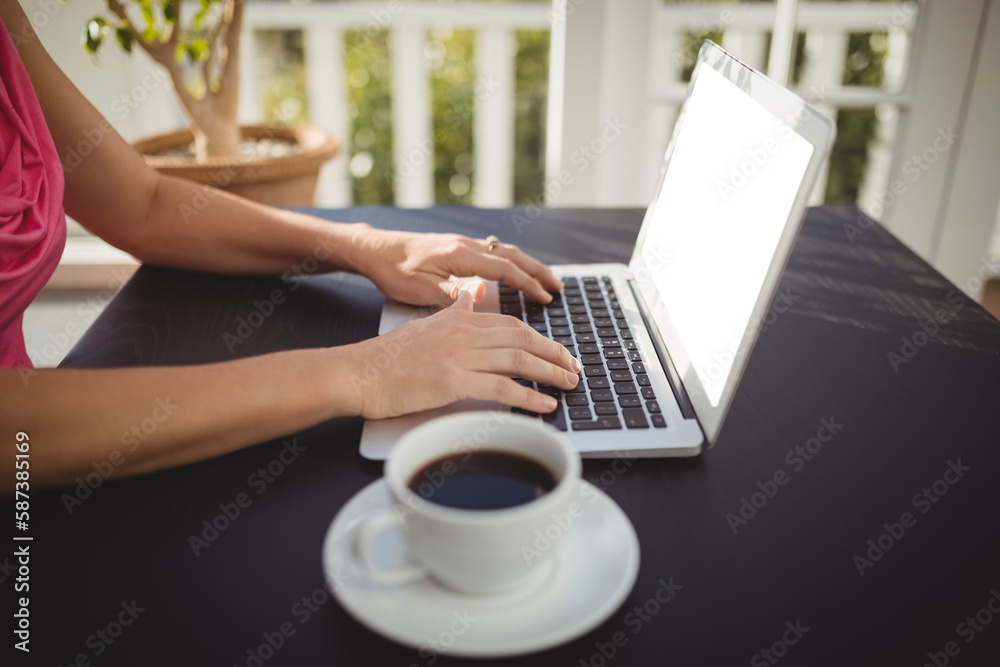 Woman using laptop in restaurant Woman using laptop in restaurant