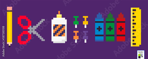 Pixel art style education icons. Office equipment. Back to school. Isolated vector illustration. Stationery and school supplies. Design for stickers, app and logo. 8 bit. Pencil. Scissors. Crayons