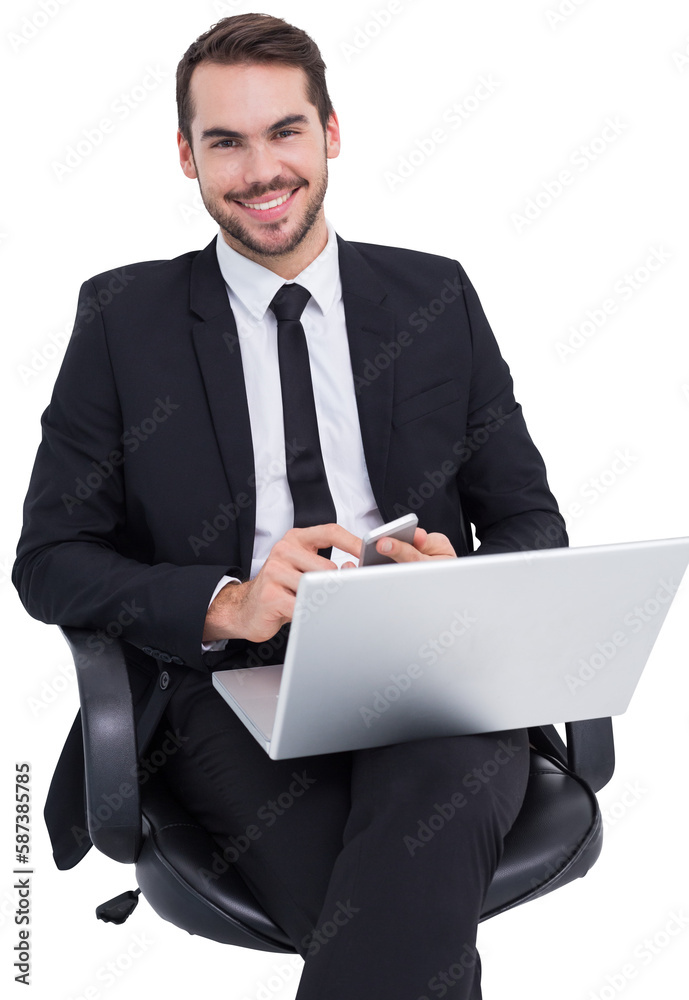 Happy businessman with laptop using smartphone Happy businessman with laptop using smartphone