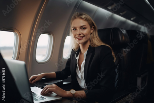 Successful caucasian businesswoman with laptop on airplane seated in business class. Generative AI. © Zelma