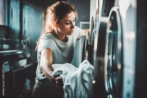 woman putting dirty laundry into the laundry machine. Generative ai © VisualProduction