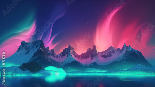 Seascape with cliffs under the pink blue night gradient sky with northern lights. Generative Ai © MdMaruf