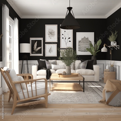 Modern living room interior, art deco design. Lavish fancy luxury apartment interior. Generative AI