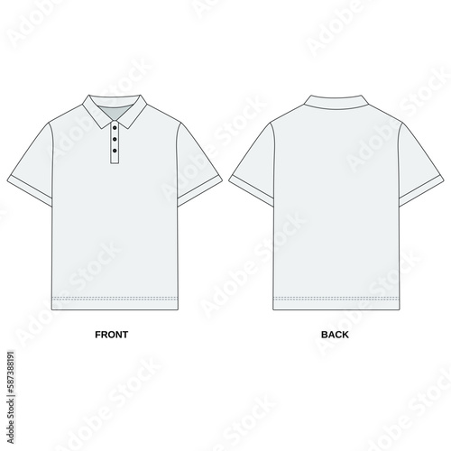 Outline drawing of short sleeve polo shirt front and back view. Polo t-shirt template with white color collar. Sketch classic polo shirt with three buttons, short sleeves.