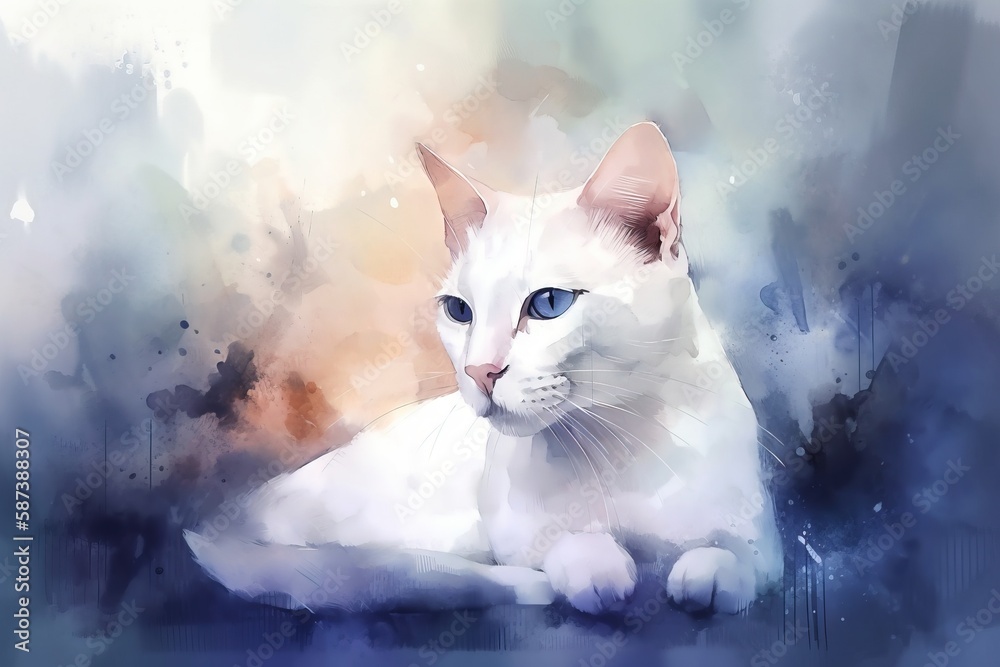 a white cat with blue eyes sitting on a blue and white background with ...