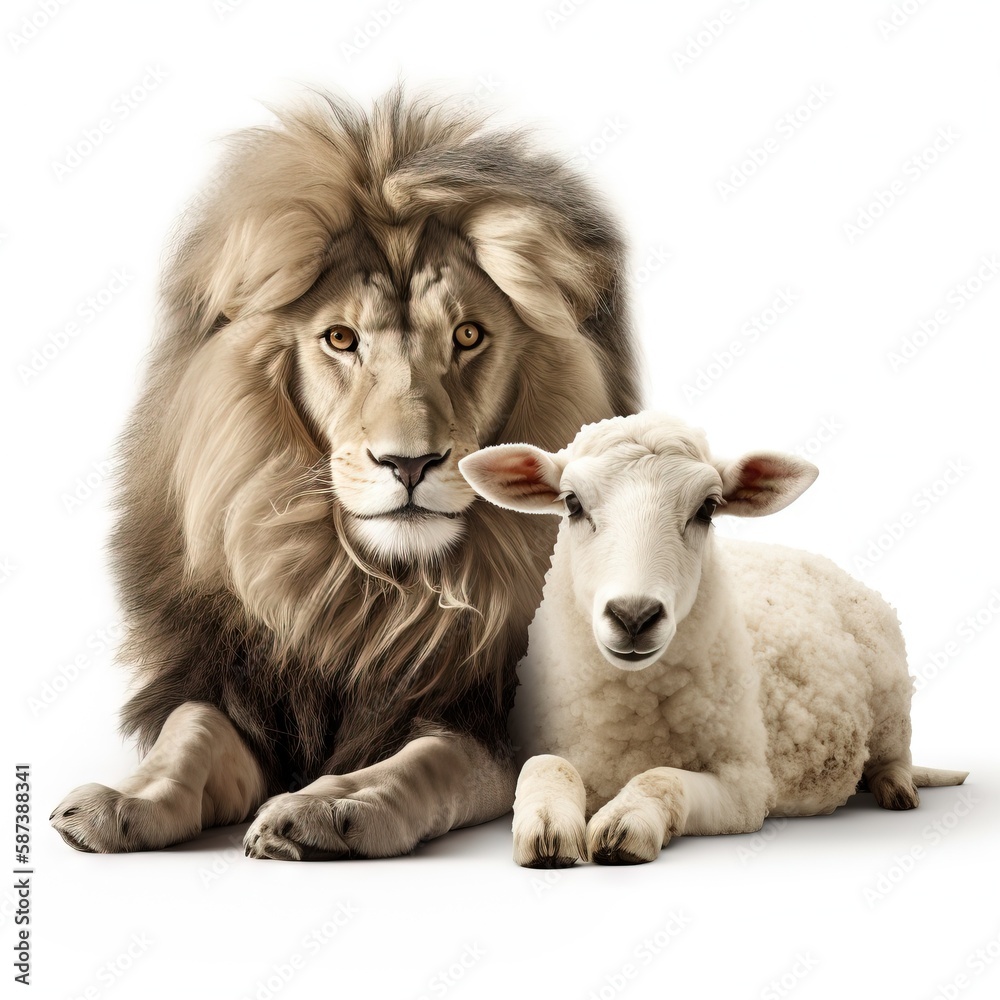 a lion and a lamb are sitting together on a white background, the lion