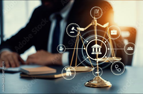 Smart law, legal advice icons and lawyer working tools in the lawyers office showing concept of digital law and online technology of astute law and regulations .
