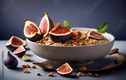 a bowl of granola with figs and nuts - Generative AI