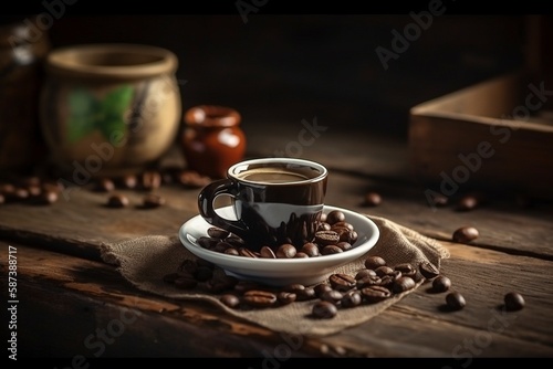 Italian Espresso Cup and Beans on Wooden Floor.