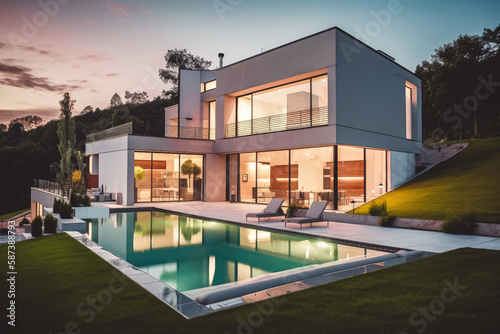 Modern house with lawn and pool Flat roof  at Sunset. Generative AI