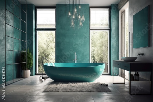 bathtub in contemporary home, spotless blue bathroom. Generative AI © AkuAku