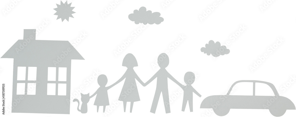 Naklejka premium Paper cut out family with house and car