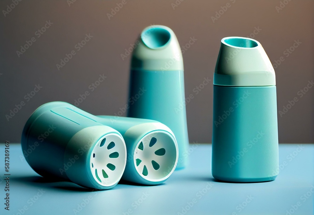 Set of asthma inhalers for asthma and COPD patients on table
