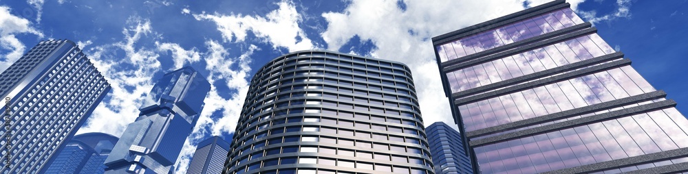 Skyscrapers, high-rise buildings from below against the background of the sky, cityscape, panorama of skyscrapers, 3D rendering Skyscrapers, high-rise buildings from below against the background of the sky, cityscape, panorama of skyscrapers, 3D rendering