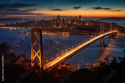 A gracefully curving suspension bridge, framed against a vibrant city skyline, illuminated by the soft glow of twilight