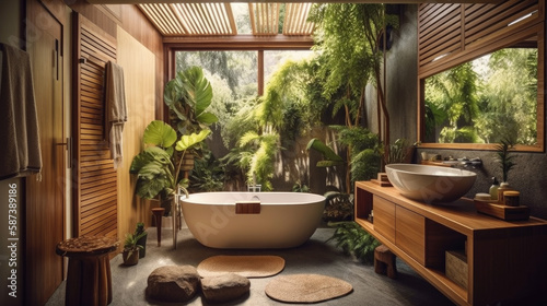 Natural spa bathroom design, Generative AI