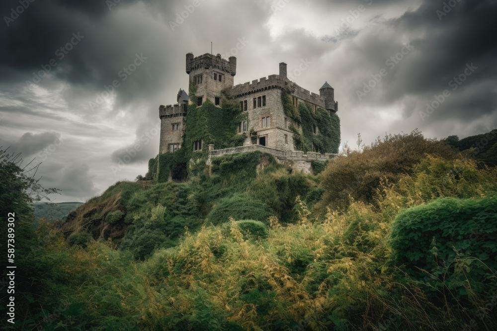 An ancient, weathered castle perched atop a hill or cliffside, with ivy-covered walls, turrets, and a backdrop of dramatic, moody clouds
