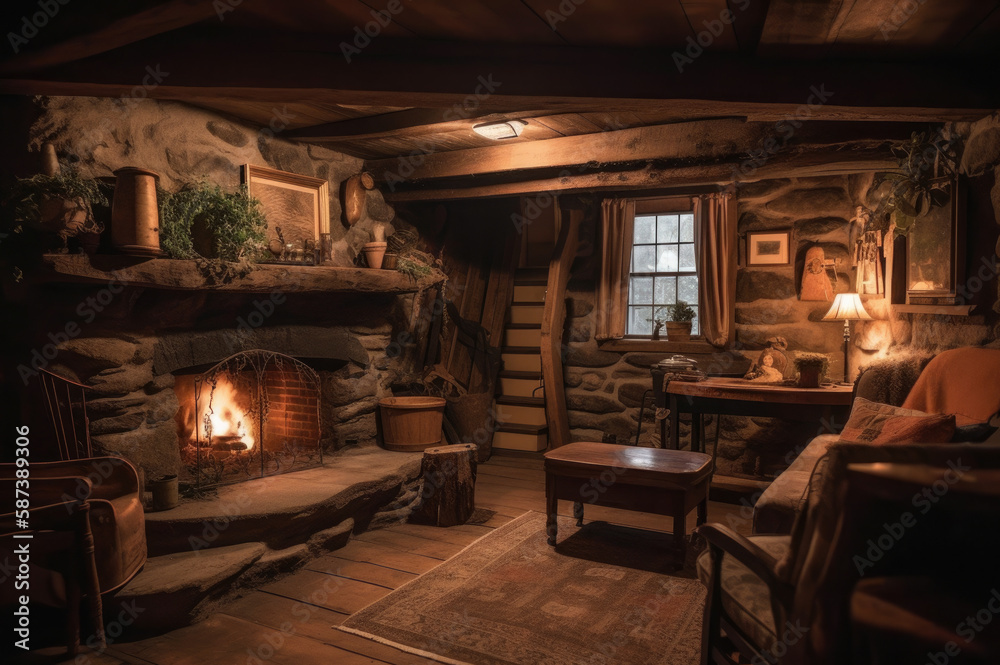 An atmospheric, candlelit scene of a cozy, rustic cabin interior ...