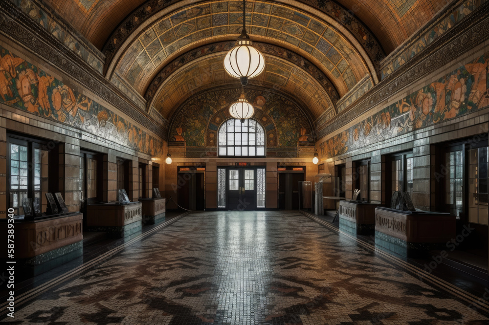 An awe-inspiring, Art Deco train station or theater, featuring a grand entrance, lavish ornamentation, and intricate tilework, evoking a bygone era of glamour and elegance