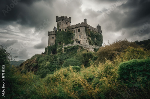 An ancient, weathered castle perched atop a hill or cliffside, with ivy-covered walls, turrets, and a backdrop of dramatic, moody clouds
