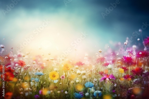 Beautiful spring summer landscape with colorful wildflowers and blue sky. Generative AI.
