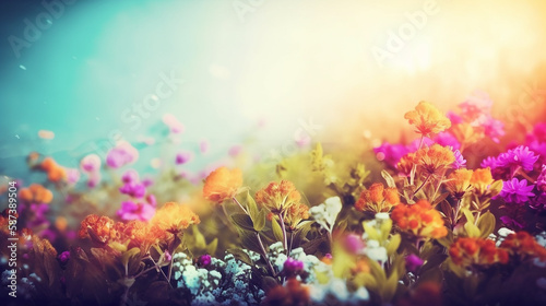 Soft spring summer landscape with colorful wildflowers and blue sky. Generative AI. © Zelma