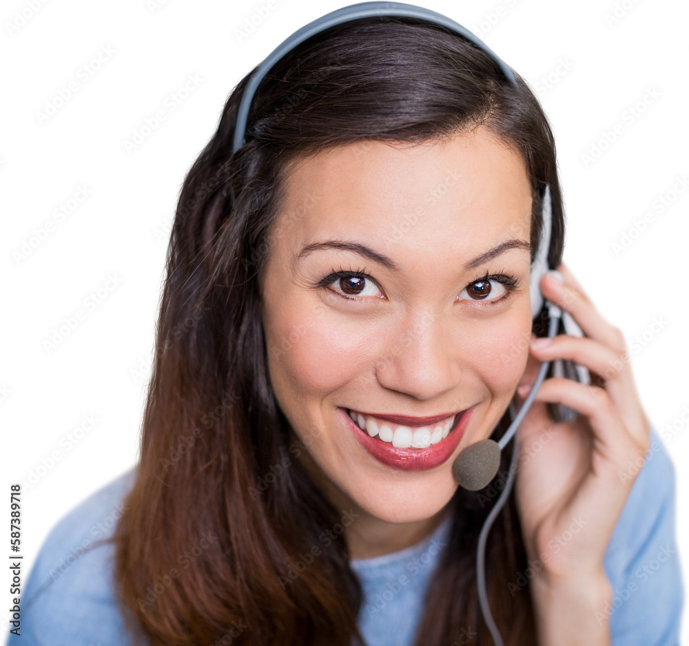 Portrait of confident smiling woman wearing microphone headset Portrait of confident smiling woman wearing microphone headset