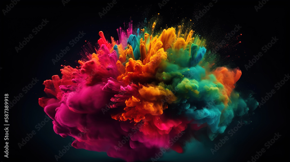 Colorful powder explosion happy holi festival of colors art concept. Generative Ai
