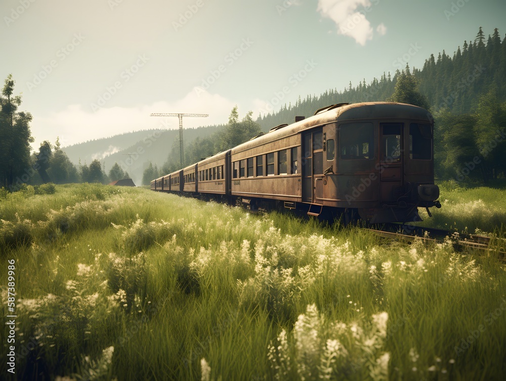 train at meadow with mountain view, AI Generated train at meadow with mountain view, AI Generated