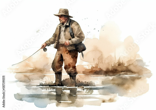 Fishing is the activity of catching fish, either for food or sport. Fishing colorful paint splash, isolated on white background. AI generated illustration. photo