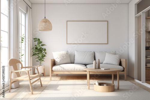 Modern interior design of living room with white sofa and wooden table. Home interior with white wall and window. 3d rendering. Mock-up.