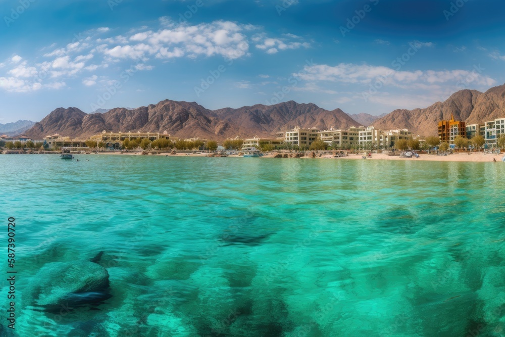 Israel, Eilat. Beautiful beaches, mountains, and sea. A panorama of a web banner. Generative AI