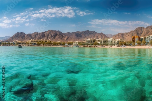 Israel, Eilat. Beautiful beaches, mountains, and sea. A panorama of a web banner. Generative AI