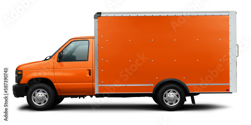 A small delivery van with a full orange cab and van, isolated on a white background.