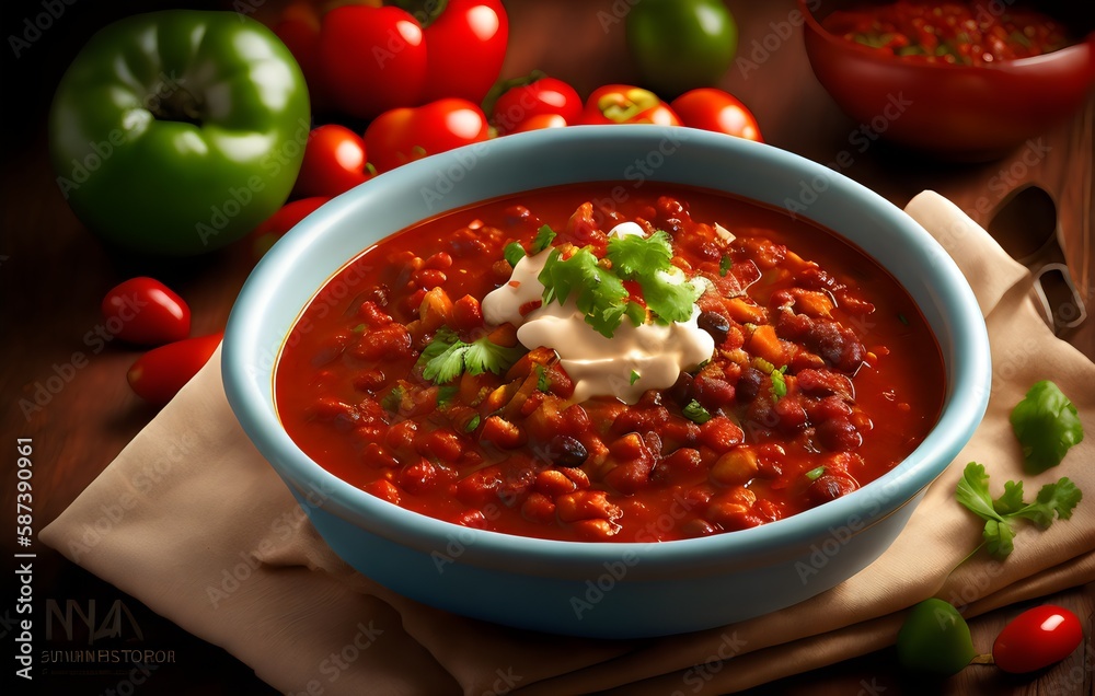 a bowl of chili with sour cream and tomatoes - Generative AI a bowl of chili with sour cream and tomatoes - Generative AI