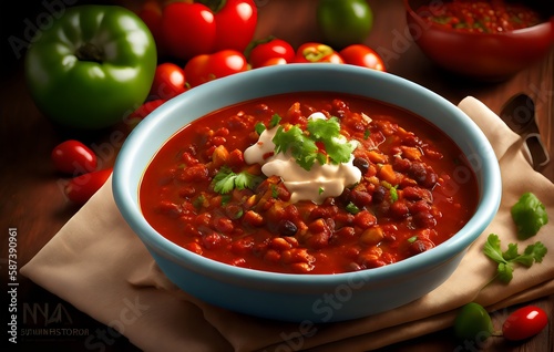 a bowl of chili with sour cream and tomatoes - Generative AI
