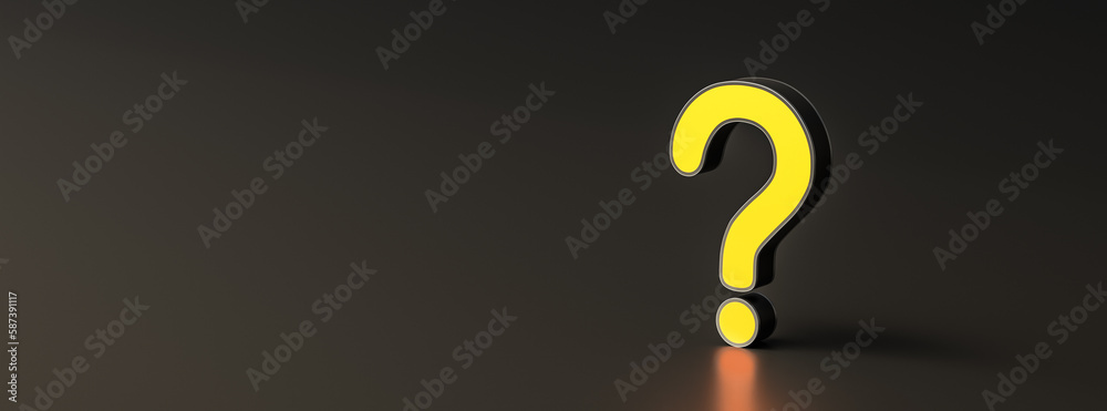 Yellow question mark on black background with empty copy space on left side, FAQ Concept. 3D Rendering Yellow question mark on black background with empty copy space on left side, FAQ Concept. 3D Rendering
