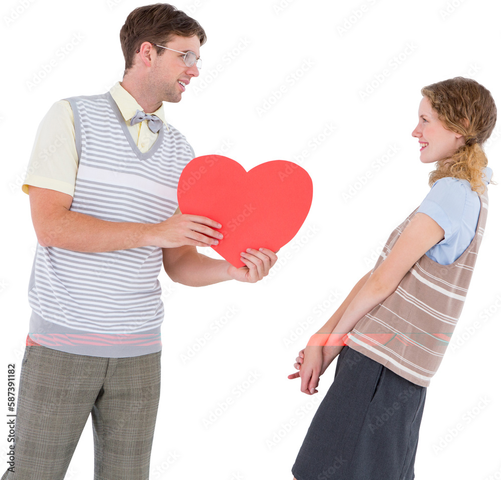 Geeky hipster giving heart card to his girlfriend Geeky hipster giving heart card to his girlfriend