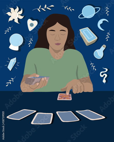 Vector isolated illustration of young girl fortune telling on tarot cards. Prediction of the future. Tarot online. A woman is fortune-telling on cards.