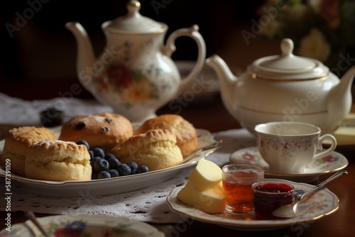 Traditional English Afternoon Cream Tea with Delicate China Teacups, Generative AI