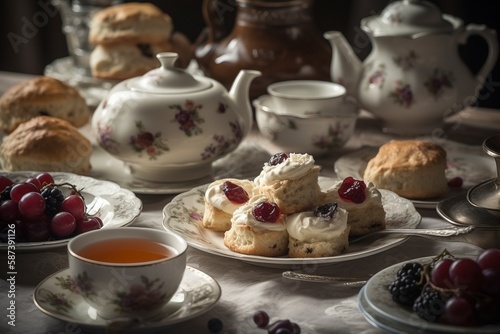 Wallpaper Mural Traditional English Afternoon Cream Tea with Delicate China Teacups, Generative AI Torontodigital.ca