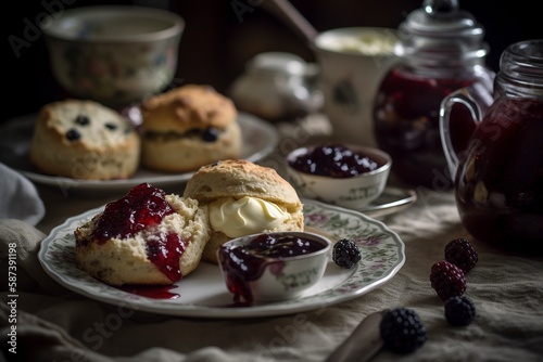 Traditional English Afternoon Cream Tea with Delicate China Teacups, Generative AI
