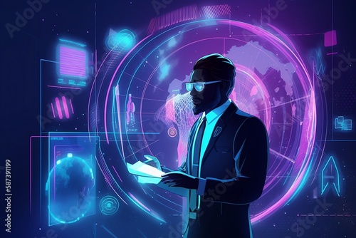 man standing inside technology, sunglasses, purple, blue, created by generative ai