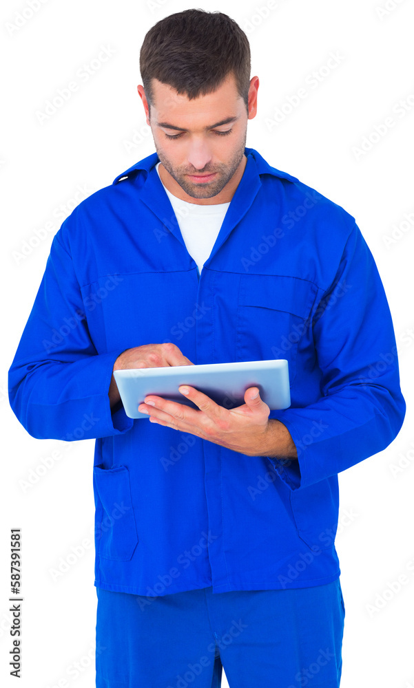 Mechanic using digital tablet on white background Mechanic using digital tablet on white background