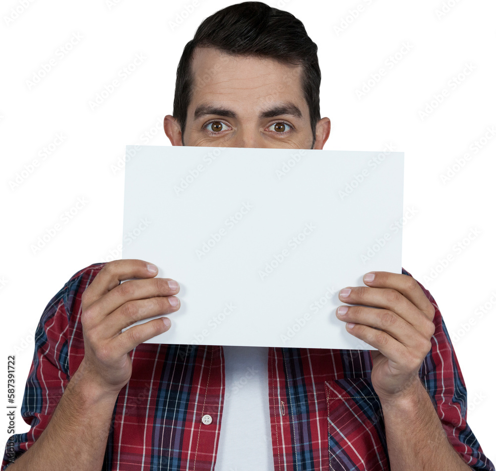 Portrait of man hiding face with cardboard Portrait of man hiding face with cardboard