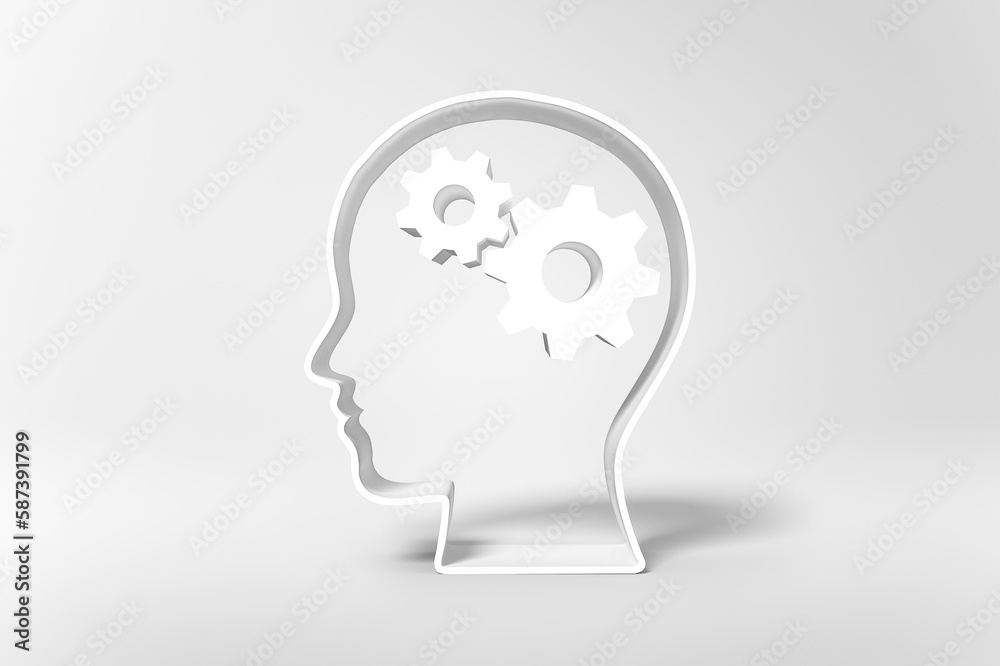 Human head with gears inside on white backdrop Human head with gears inside on white backdrop