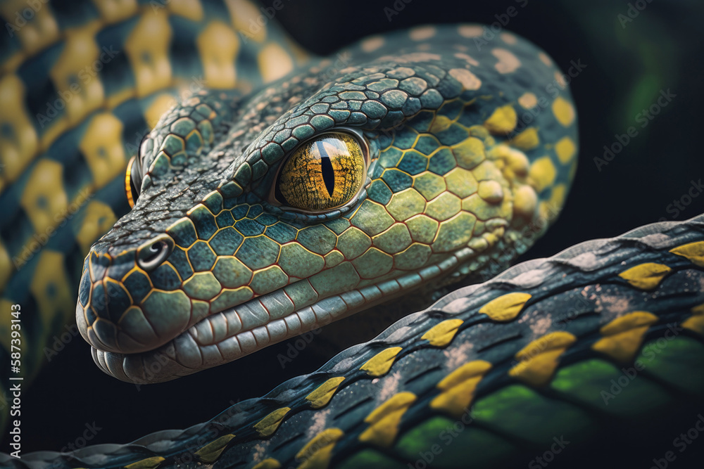Generative AI image of snake with high detailed head in black and yellow skin with curved body over green blurred background Generative AI image of snake with high detailed head in black and yellow skin with curved body over green blurred background